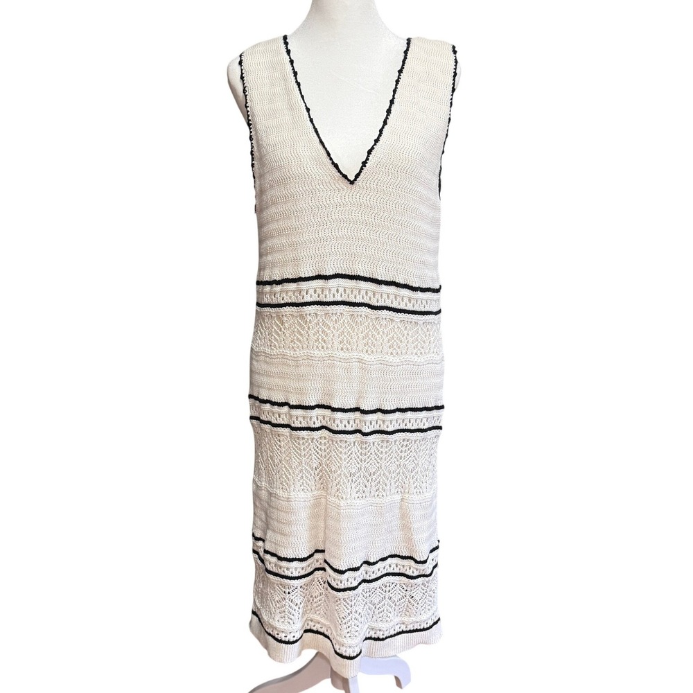 Sleeveless V-Neck Crochet Knit Midi Dress Cream Black Abercrombie Resort Beach M